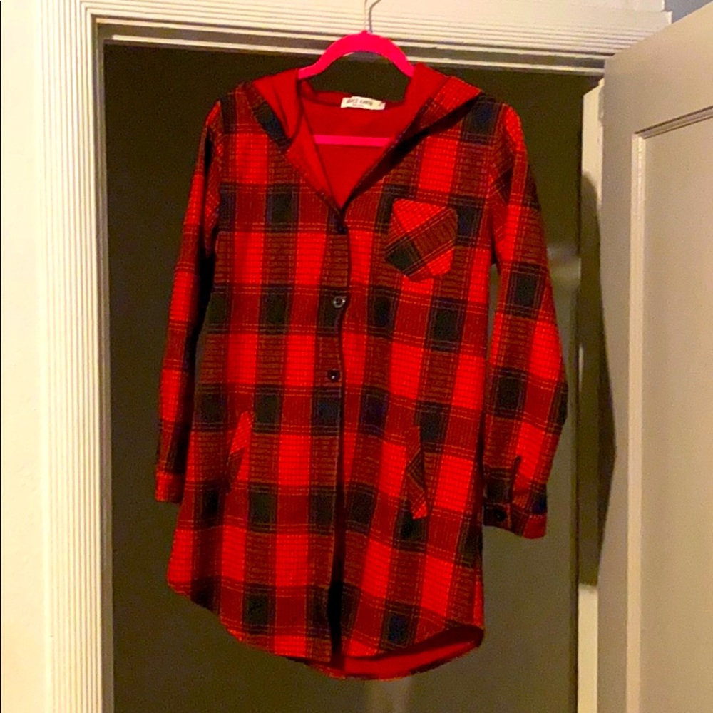 Thicker Hooded, long plaid jacket